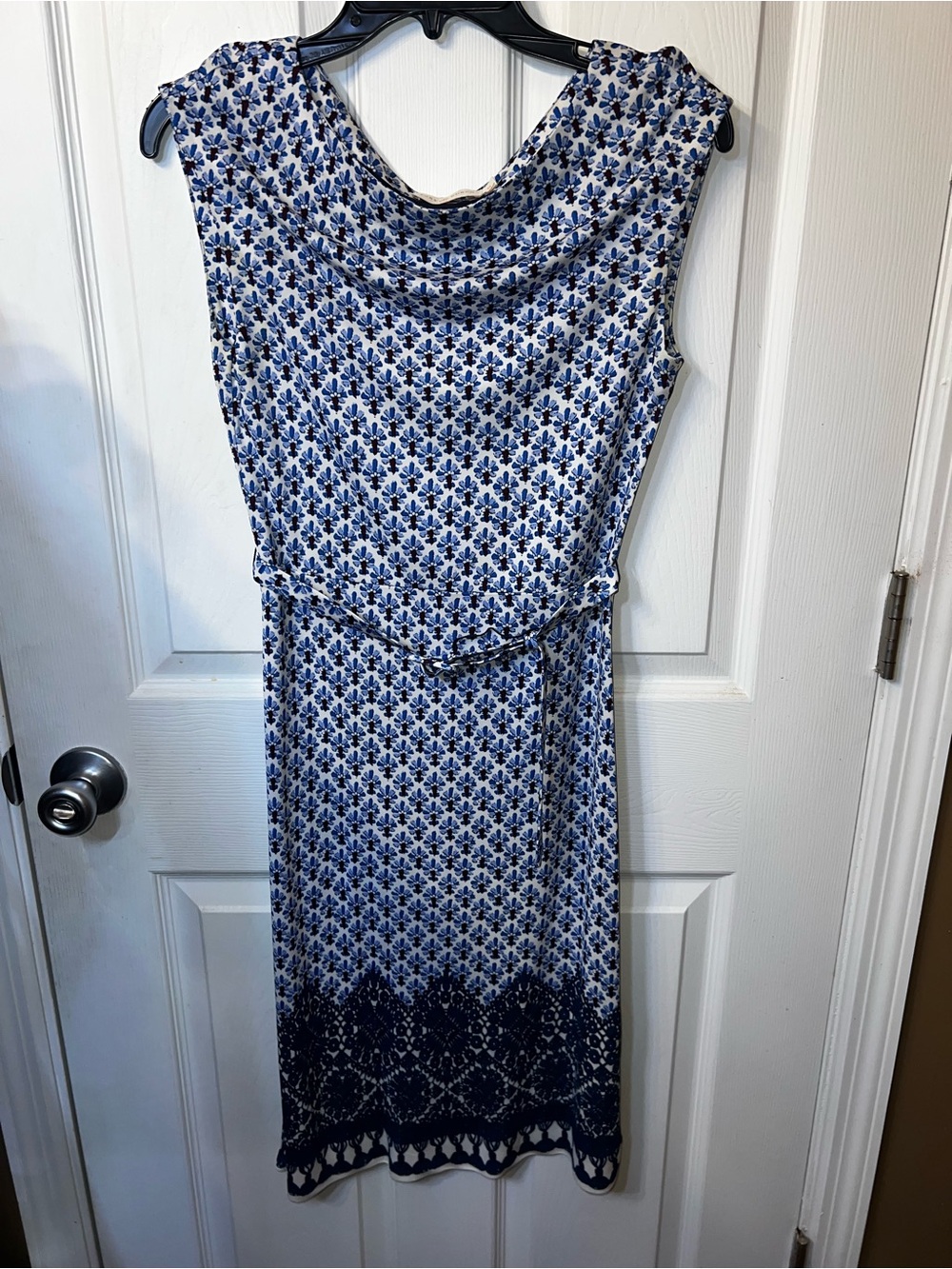TORY BURCH Blue Geometric Floral Jersey Cowl Neck Belted Sheath Dress XS